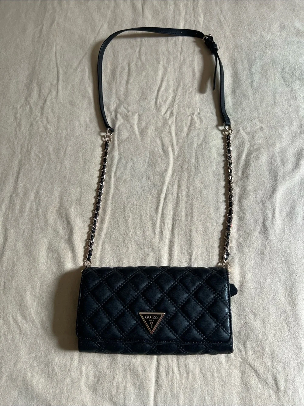 Guess Black Quilted Crossbody with Silver Chain Strap